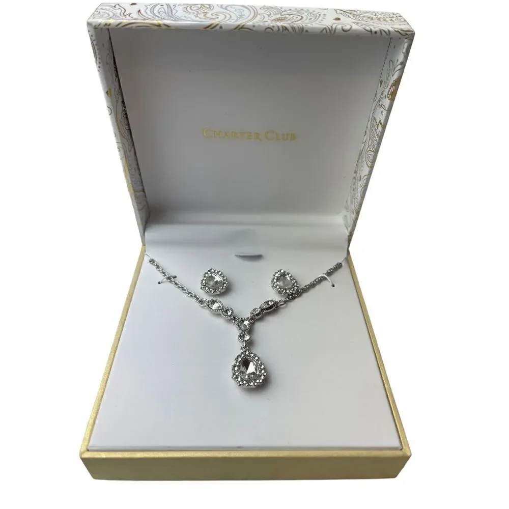 NWT CHARTER CLUB Silver-Tone Crystal Pendant Y-Necklace & Stud Earrings Boxed
